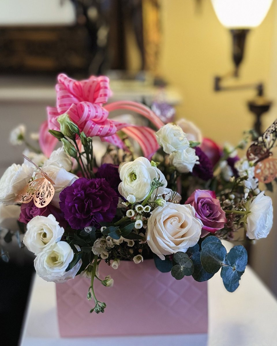 Pink box arrangement with roses and lilies