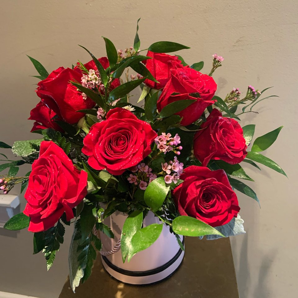 Red roses in a white vase