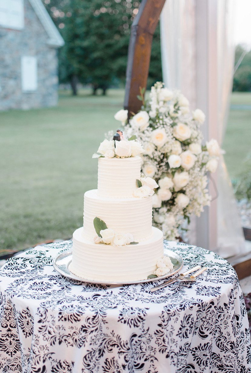 Three-tier wedding cake with white flowers